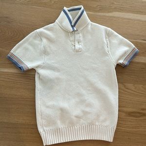 Men’s Zara short-sleeve polo in cream knit with multi-colored sleeve detail